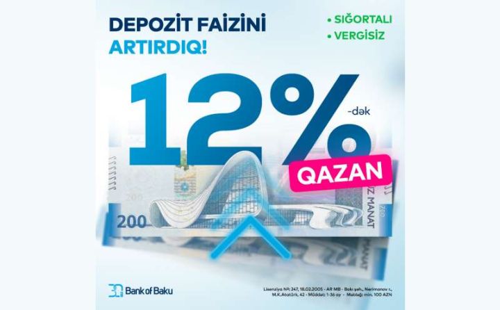 Bank of Baku əmanət faizini 12%-dək yüksəltdi